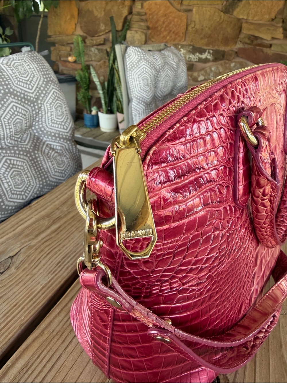 Brahmin Metallic Pink Croc-Embossed Satchel Bag - Picture 3 of 15